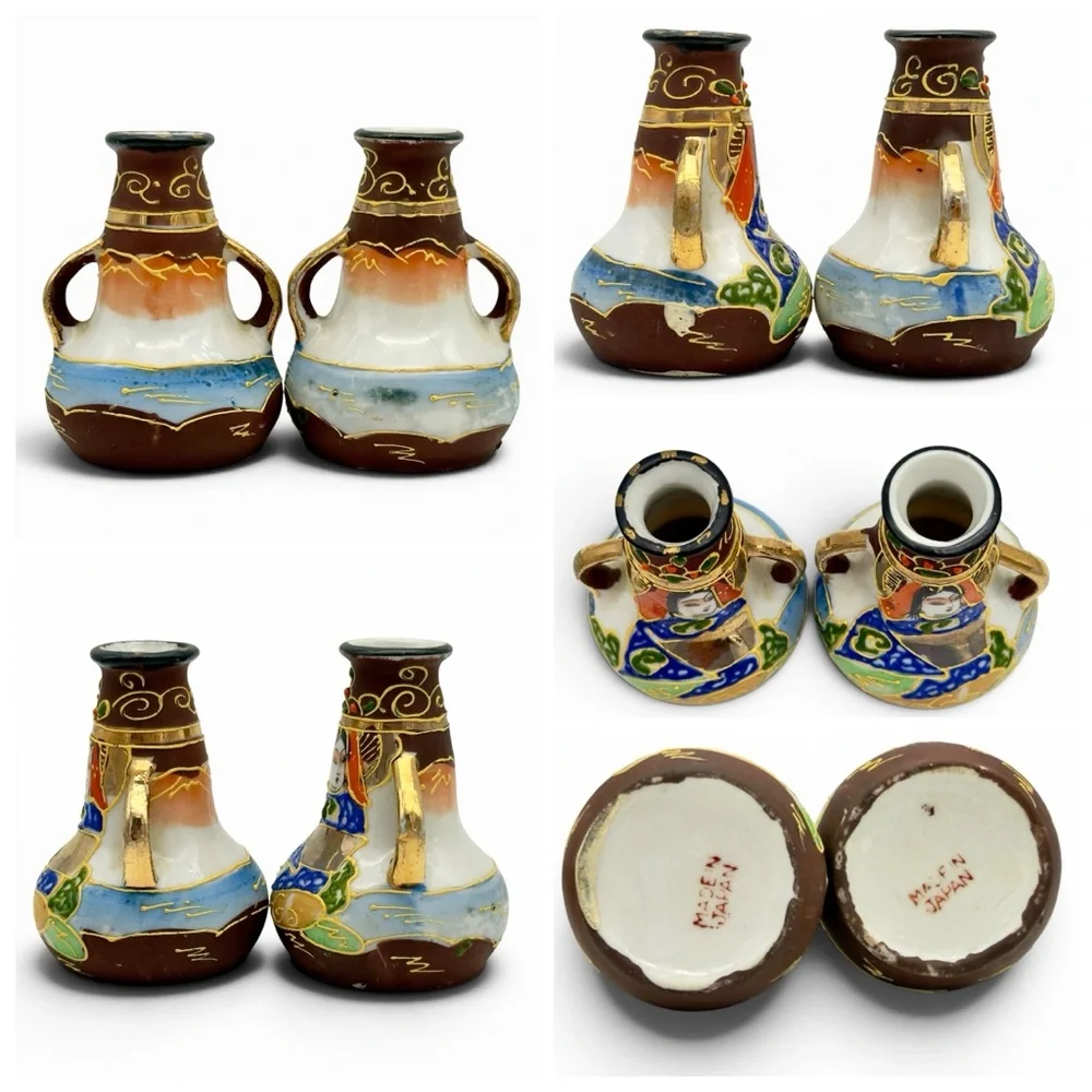 6 Vtg Japanese Satsuma Miniature Vases Lot Takito TT Mark Moriage Geisha Cabinet - Picture 6 of 11